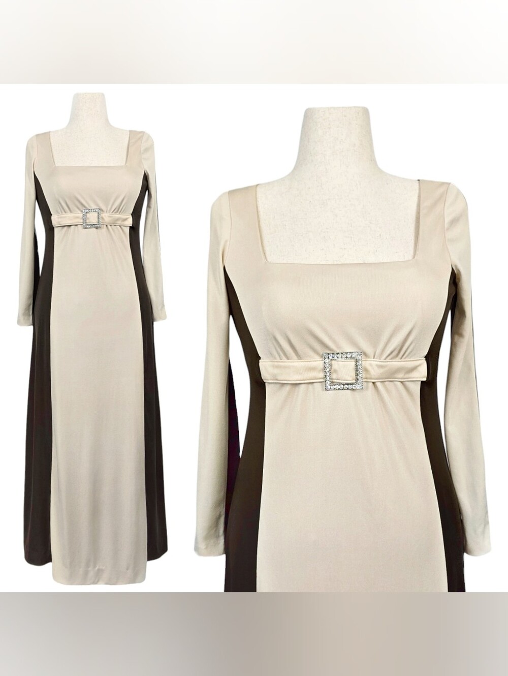 1970s Vintage Dress 70s Formal Eva Gabor Colorblock Brown S/M Small Medium Belt